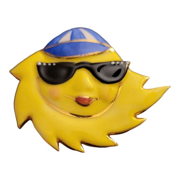 Enamel Yellow Sun With Hat And Sunglasses Brooch Pin - Picture 3 of 4